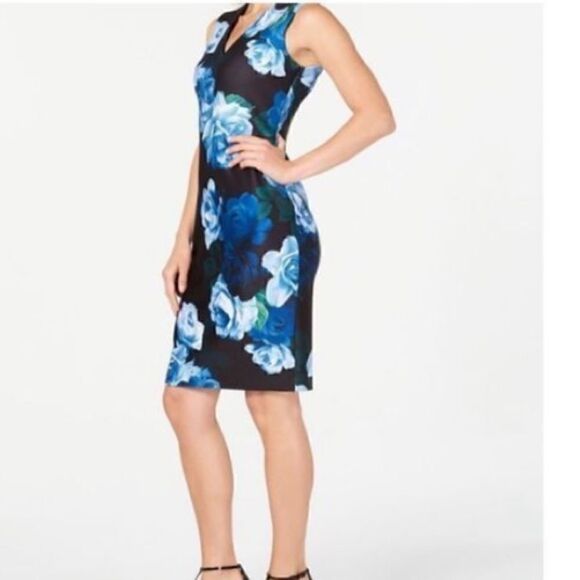 Calvin Klein Women’s Size 6 Dress Black Blue Orchid Floral Sleeveless Sheath - Picture 1 of 12
